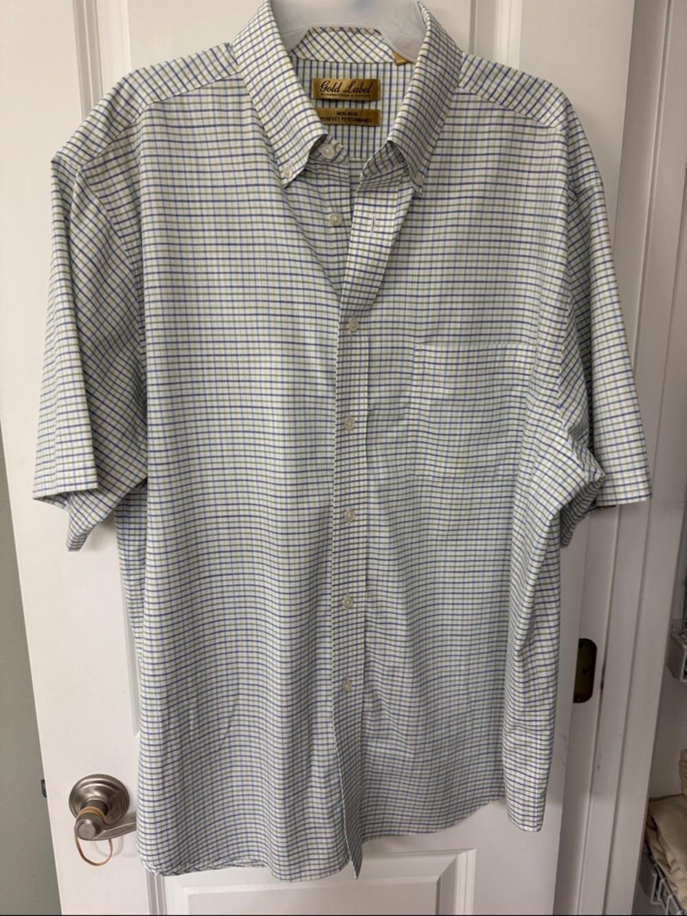 Men's Short-Sleeve GOLD LABEL Button-Down Shirt in White with Blue/Green Check